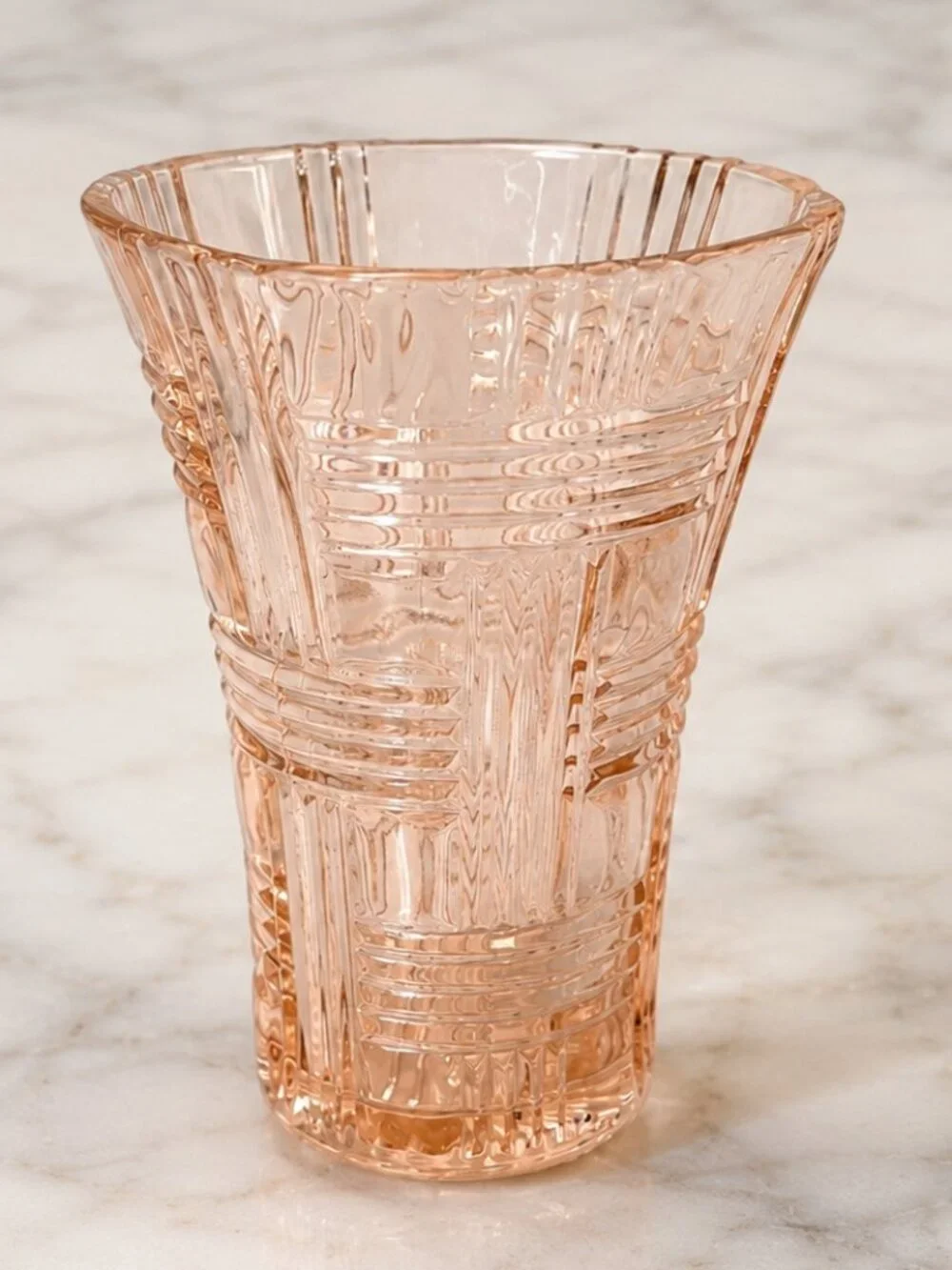 Vintage Anchor Hocking Petal Pink Basket Weave Glass Vase 7